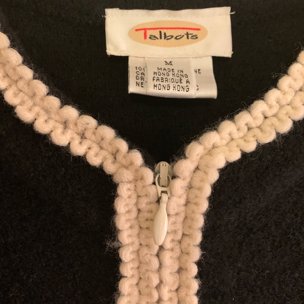 Talbots 100% Wool Elegant Black & Cream Zippered Sweater